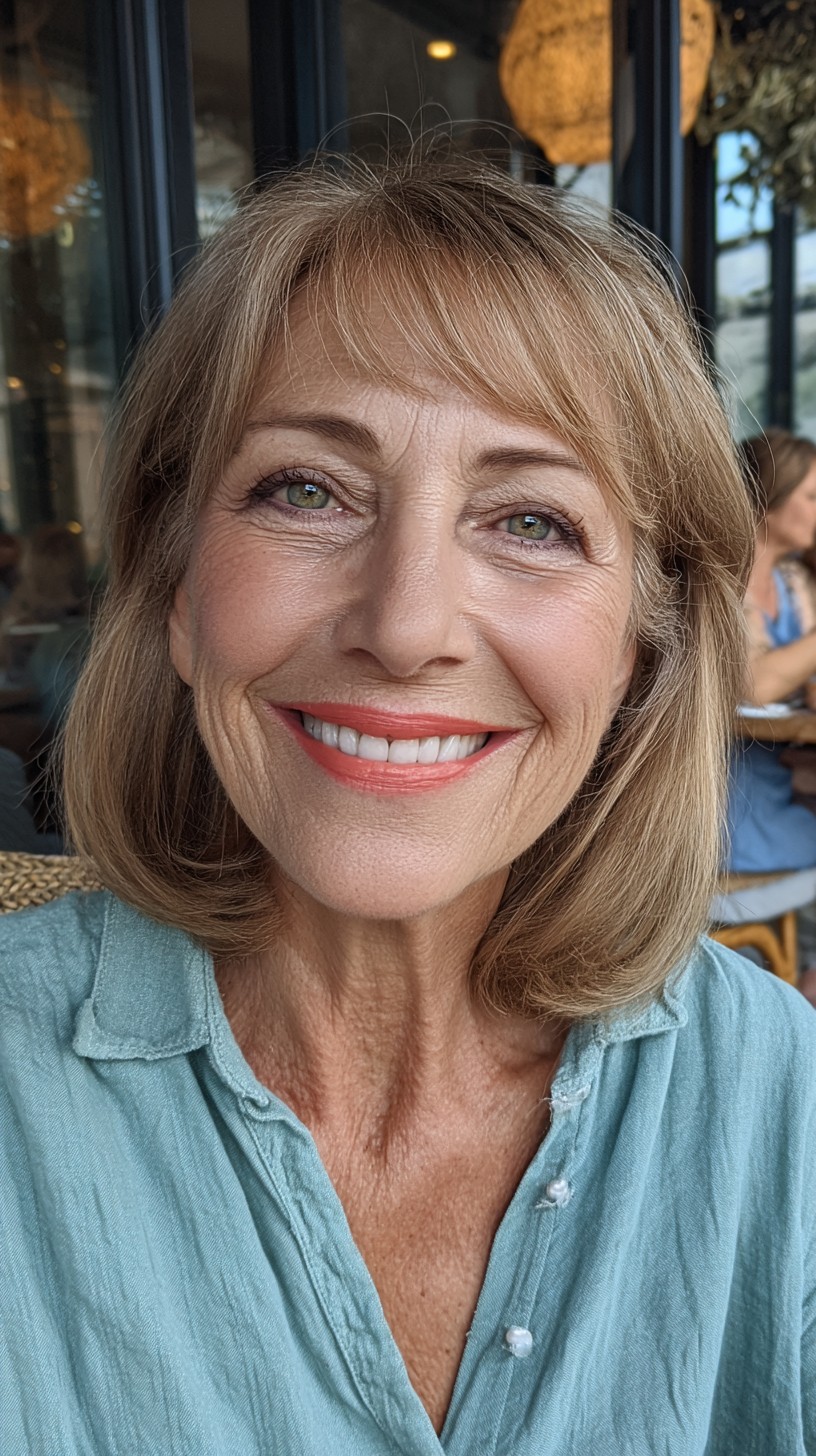 Golden Blonde Layered Lob with Soft Fringe