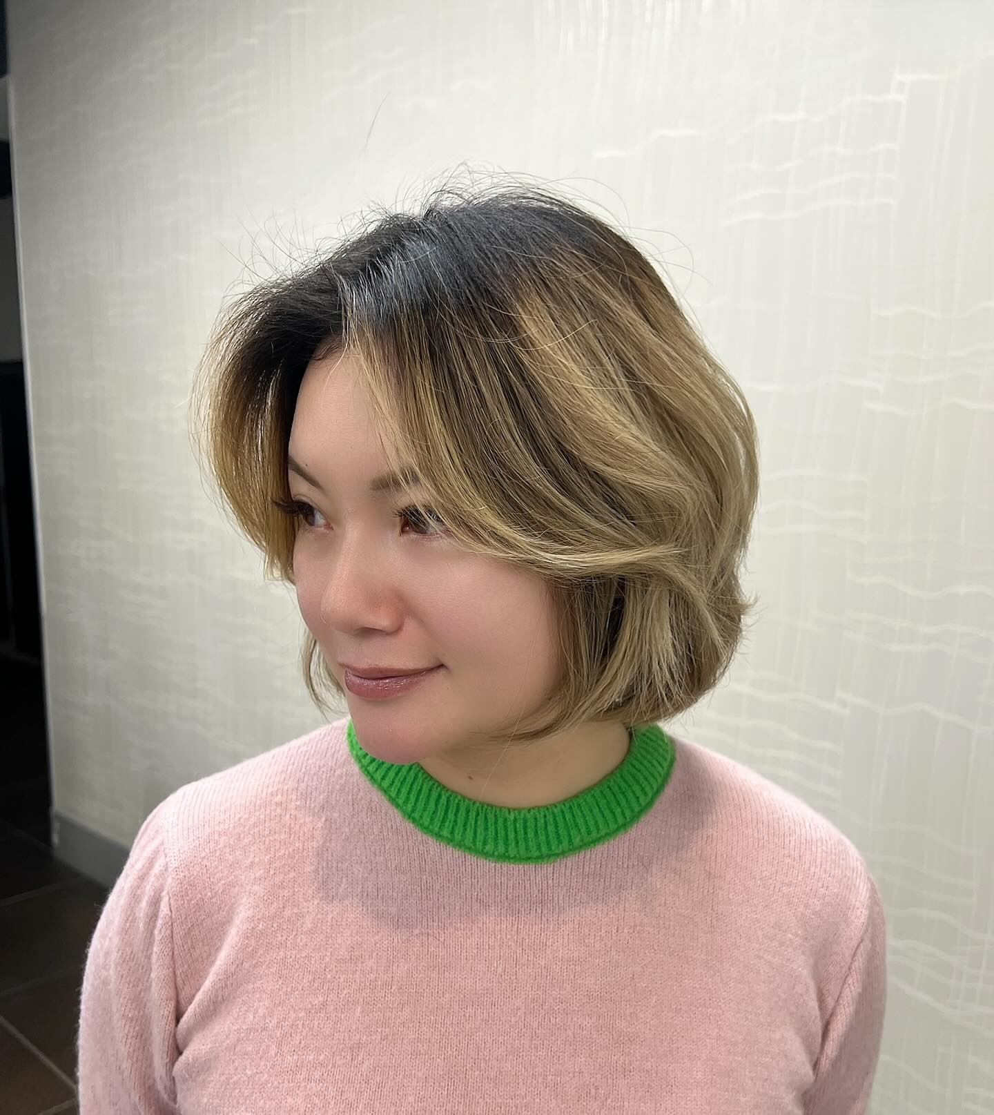Multitonal Blonde Layered Bob with Dark Roots