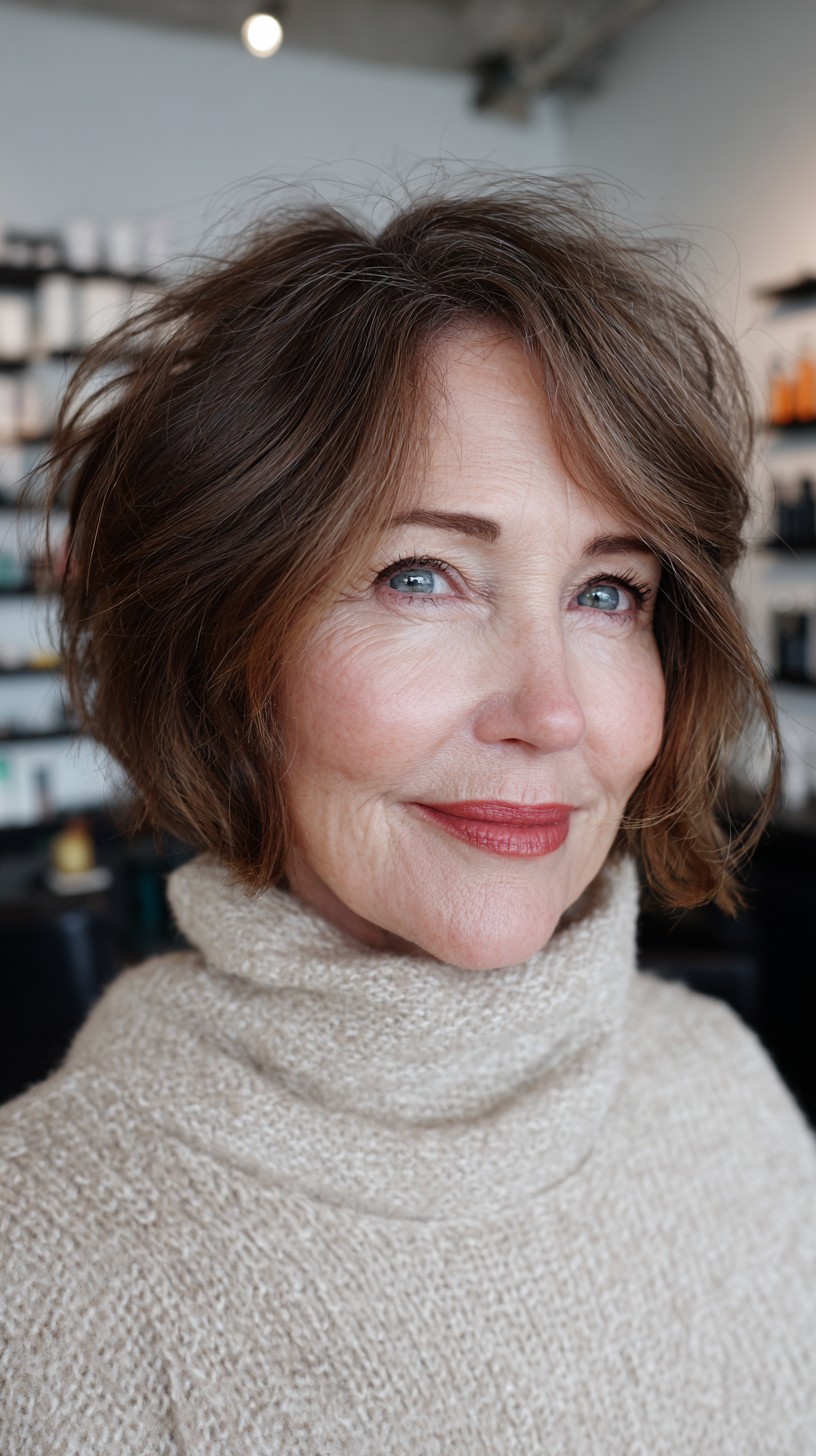 Natural Chestnut Textured Bob with Soft Waves