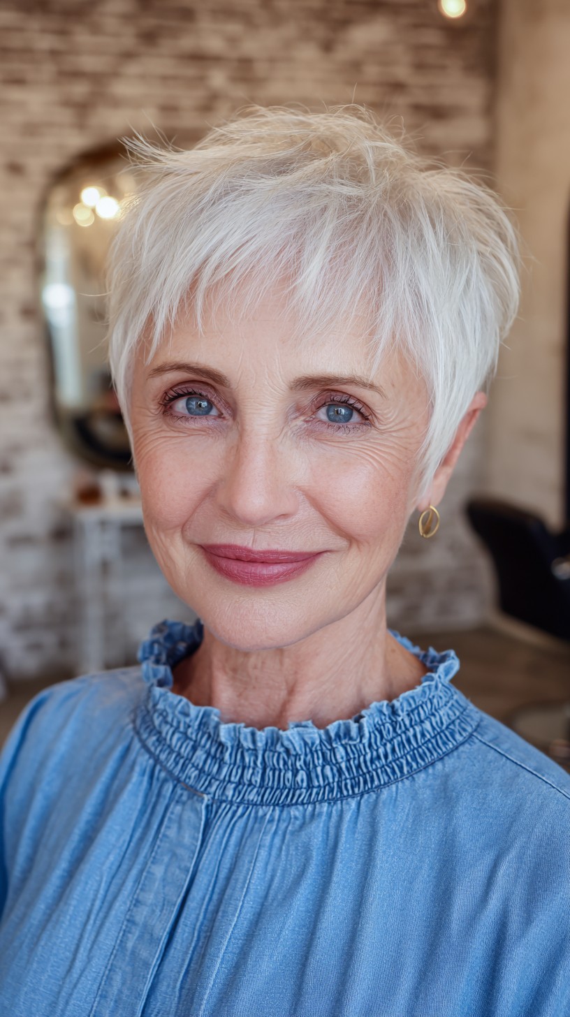 Platinum Feathered Textured Pixie with Soft Layers