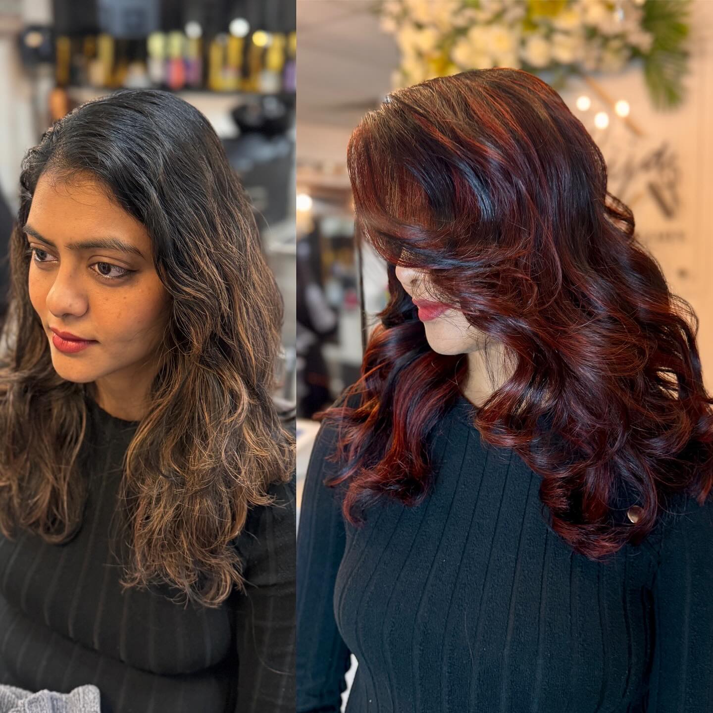 Radiant Red-Highlighted Curls with Glossy Finish