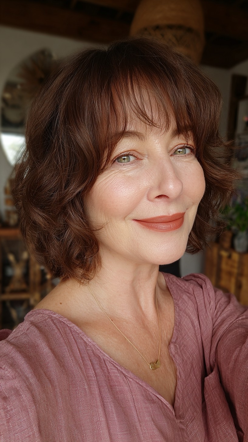 Rich Auburn Curled Bob with Soft Bangs