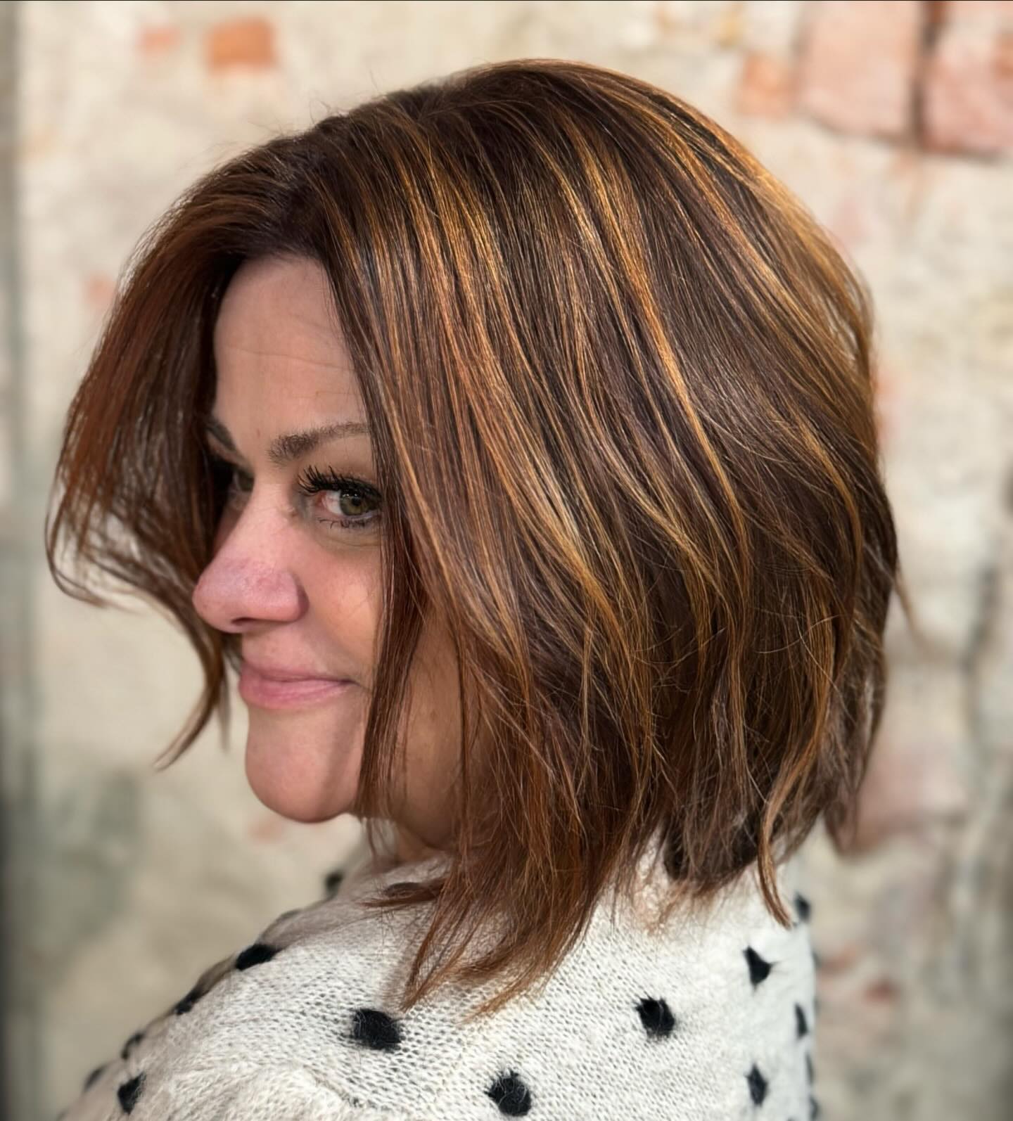 Rich Caramel Swirls on Brunette Lob