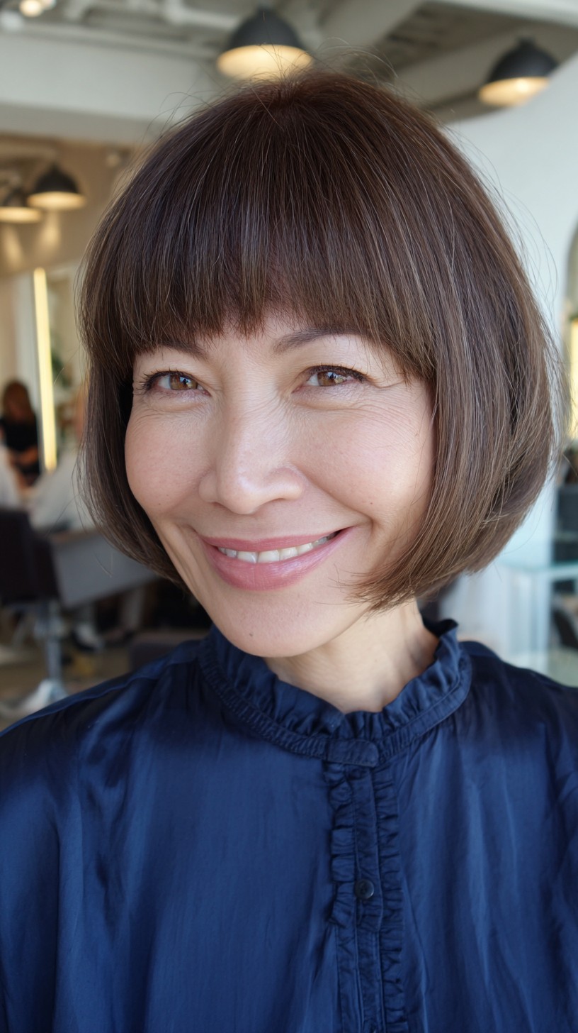 Sleek Chestnut Bob with Wispy Fringe for Mature Women