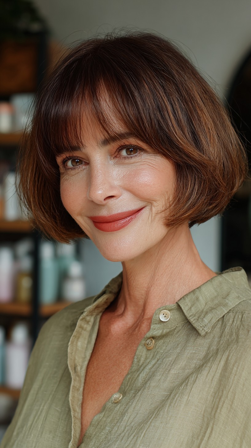 Sleek Cinnamon Pageboy Bob with Soft Bangs