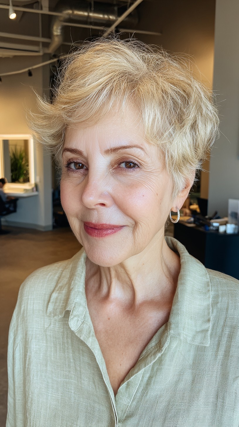 Soft Blonde Layered Pixie with Feathered Waves
