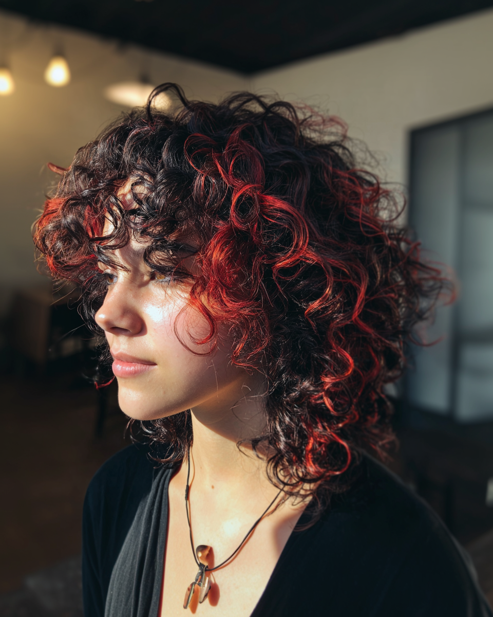 Vibrant Curly Cut with Fiery Red Highlights