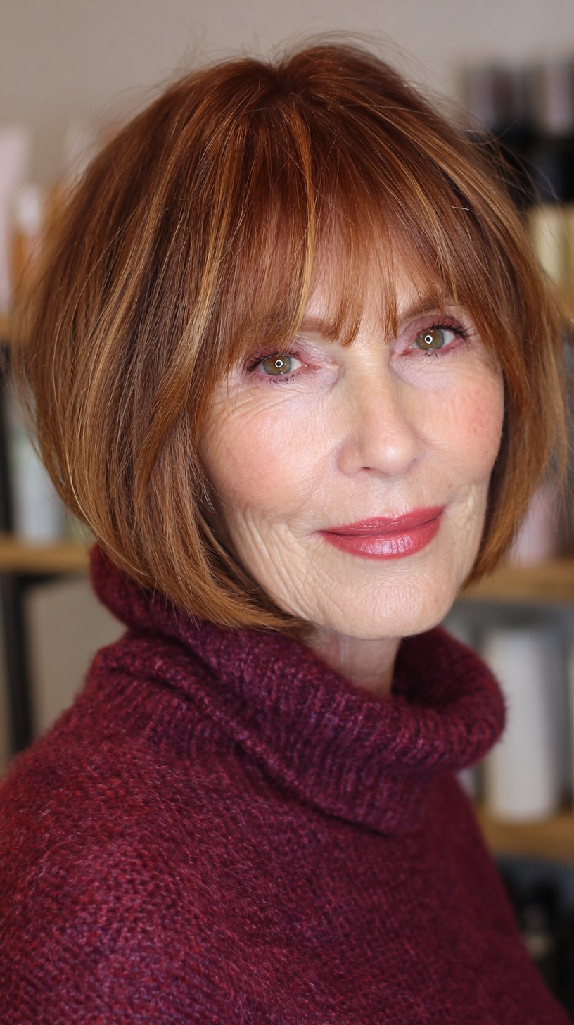 Warm Auburn Layered Bob with Soft Fringe