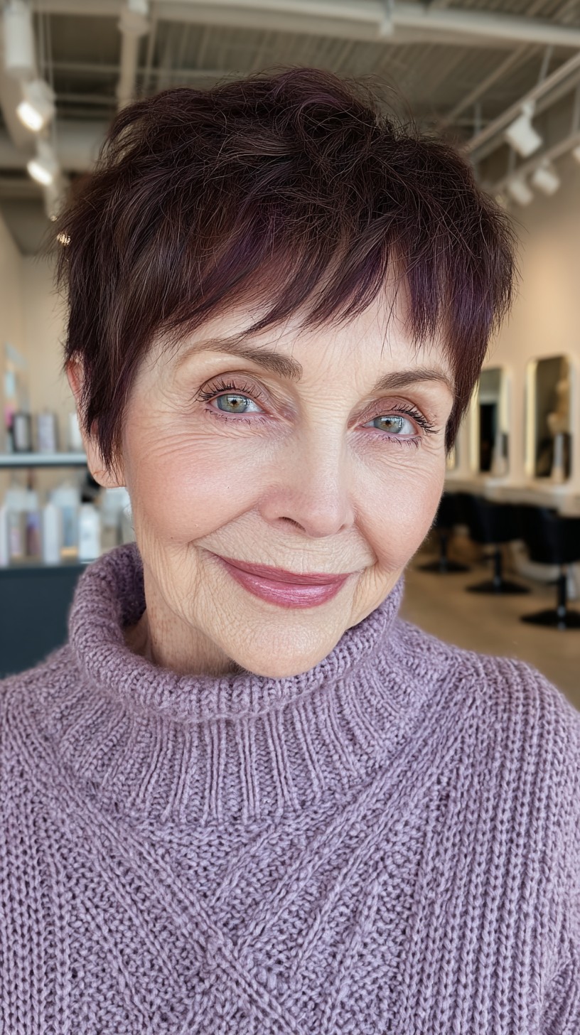 Bold Aubergine Textured Pixie for Energetic Seniors
