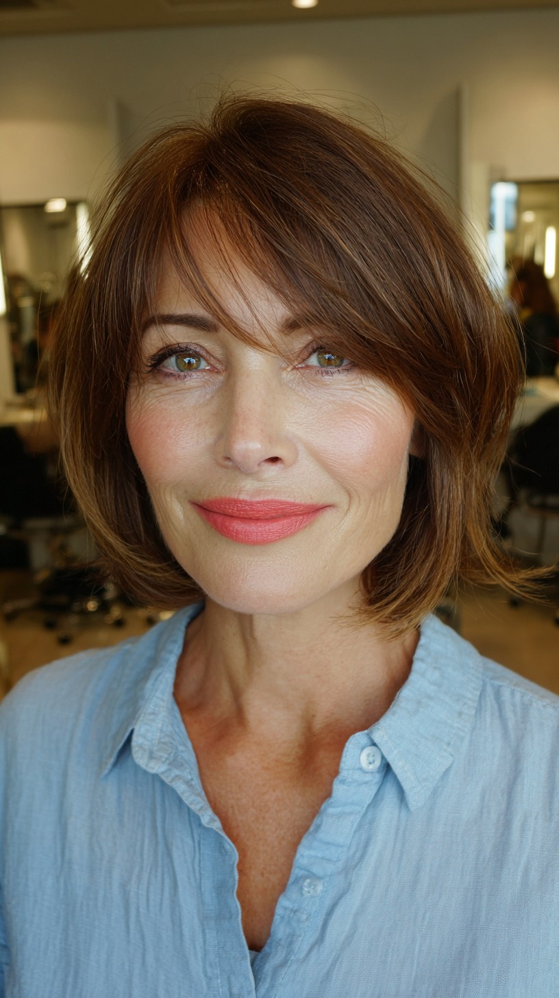 Brunette Feathered Bob with Side-Swept Bangs