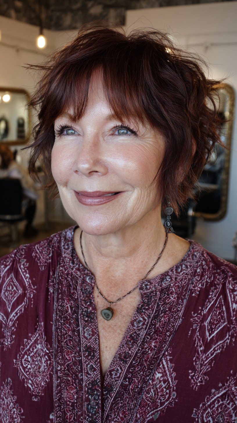 Burgundy Tousled Bixie with Soft Bangs