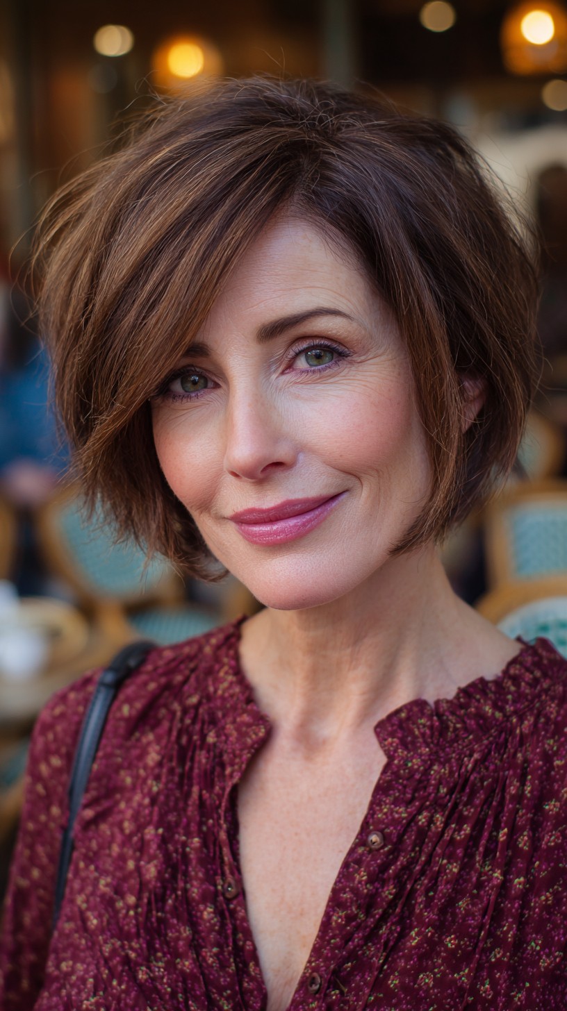 Chic Chestnut Tousled Bob with Side-Swept Layers