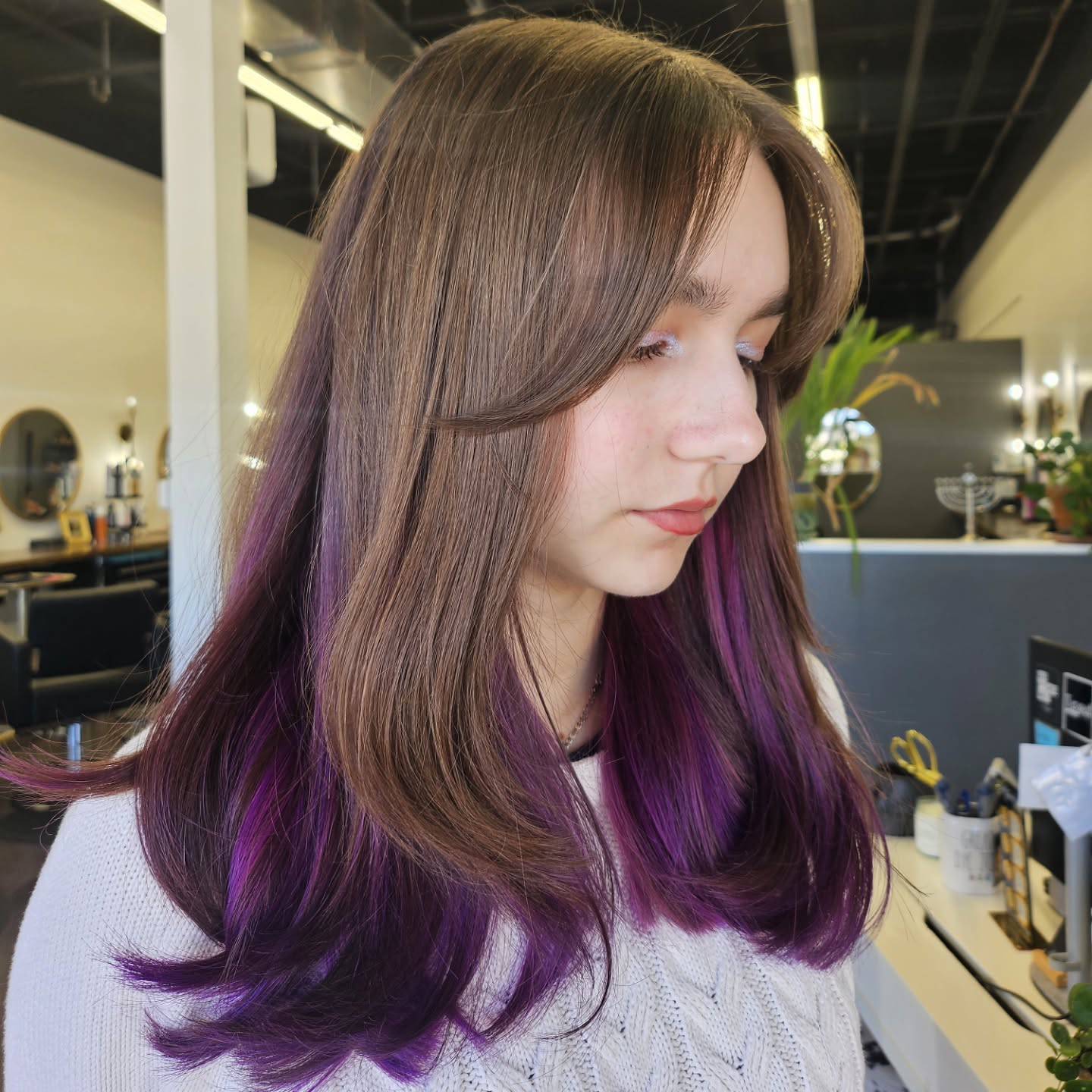 Chic Long Cut with Vibrant Purple Highlights