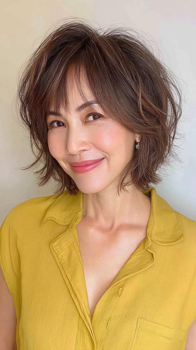 Classic Brunette Textured Bob with Wispy Bangs