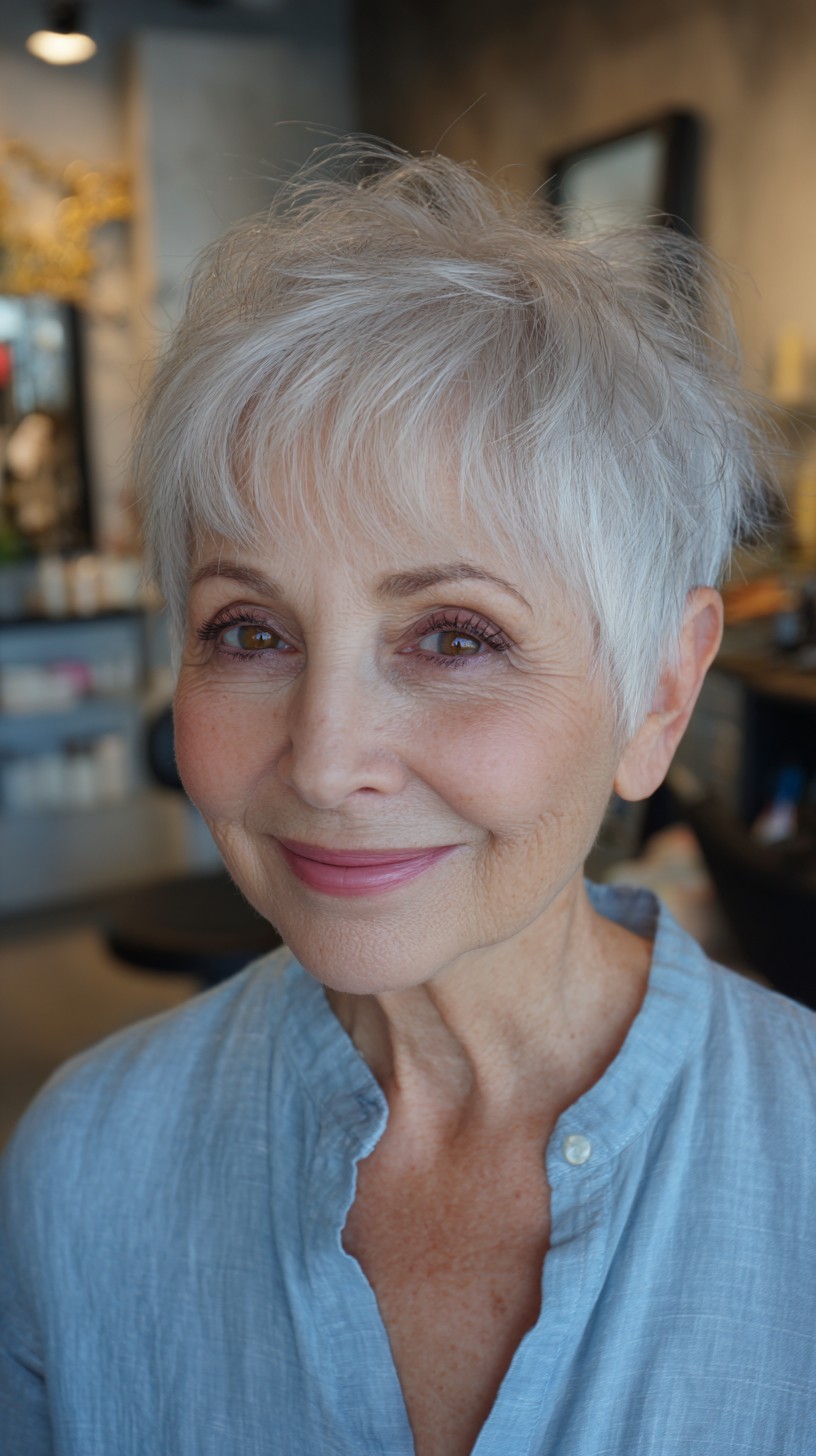 Delicate Silver Feathered Pixie for Graceful Aging