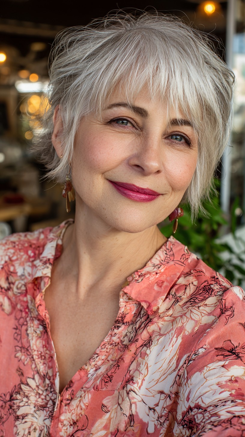 Effortless Silver Waves with Wispy Bangs