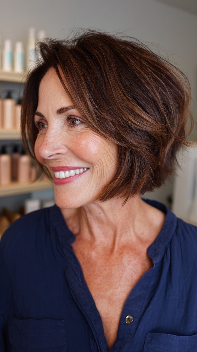Effortlessly Chic Chestnut Bob with Soft Textured Waves