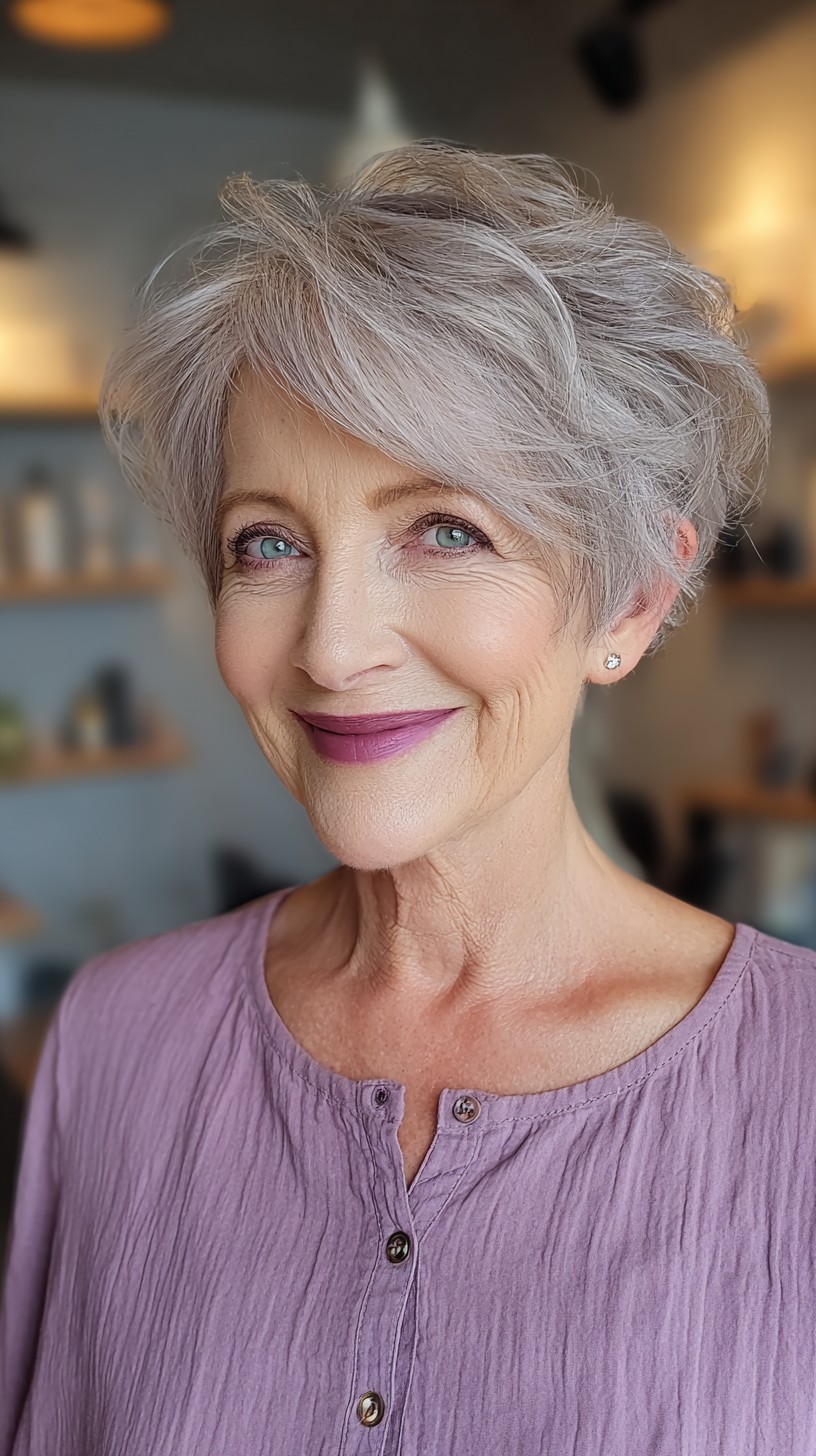 Gently Tousled Silver Pixie with Natural Flow