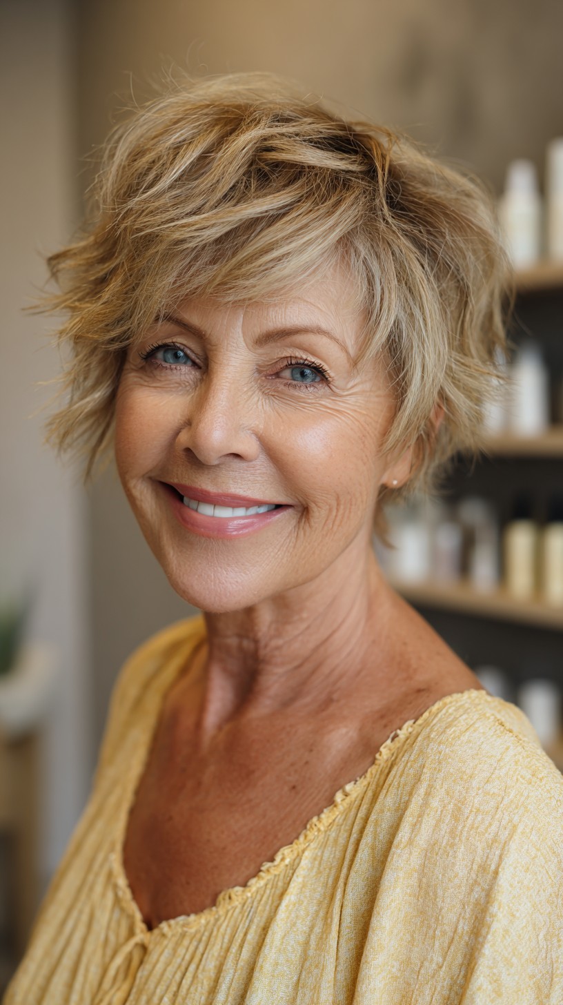 Golden Sun-Kissed Tousled Bixie for Vibrant Women in Their 60s