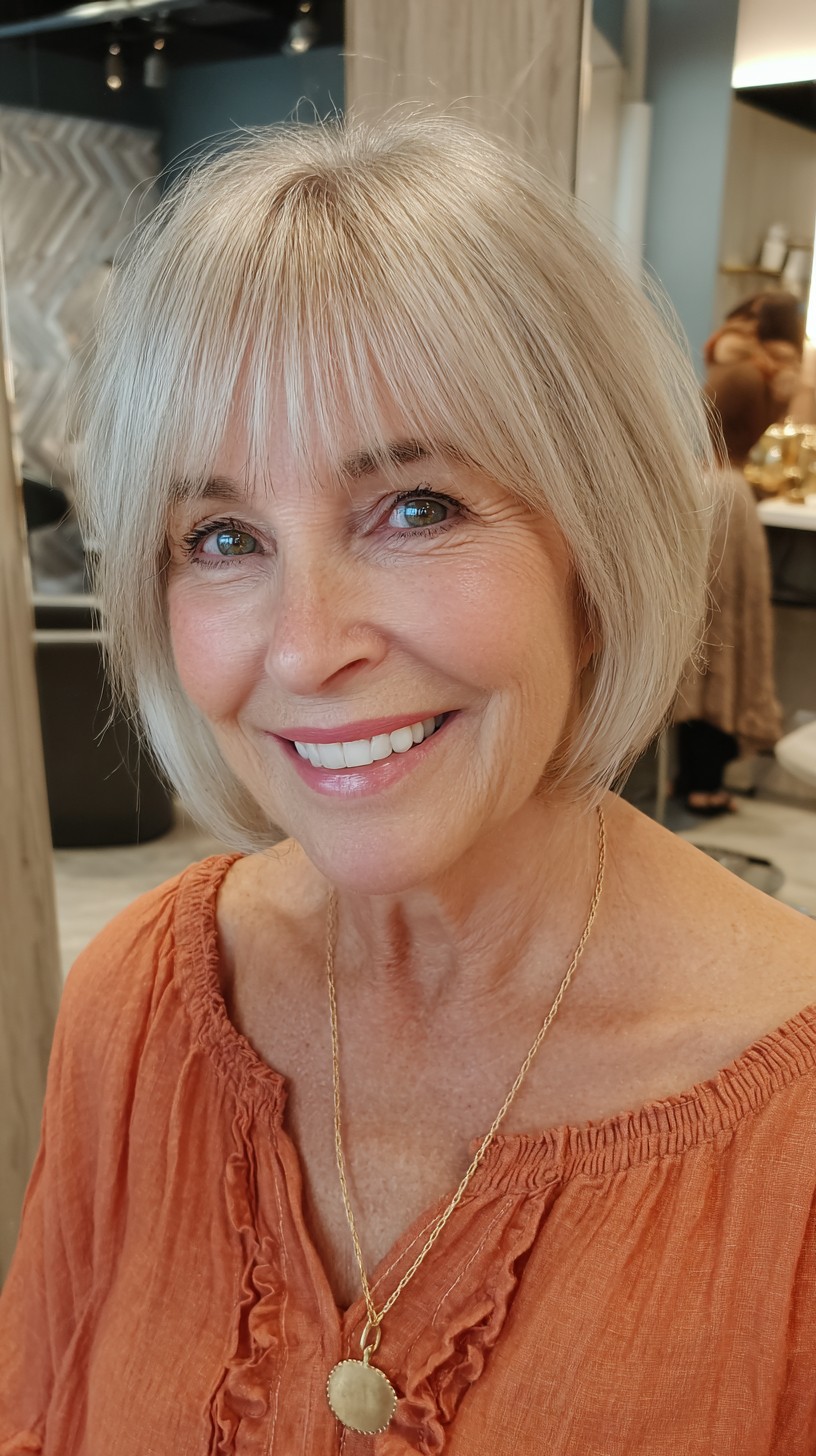 Light Blonde Layered Bob with Soft Bangs