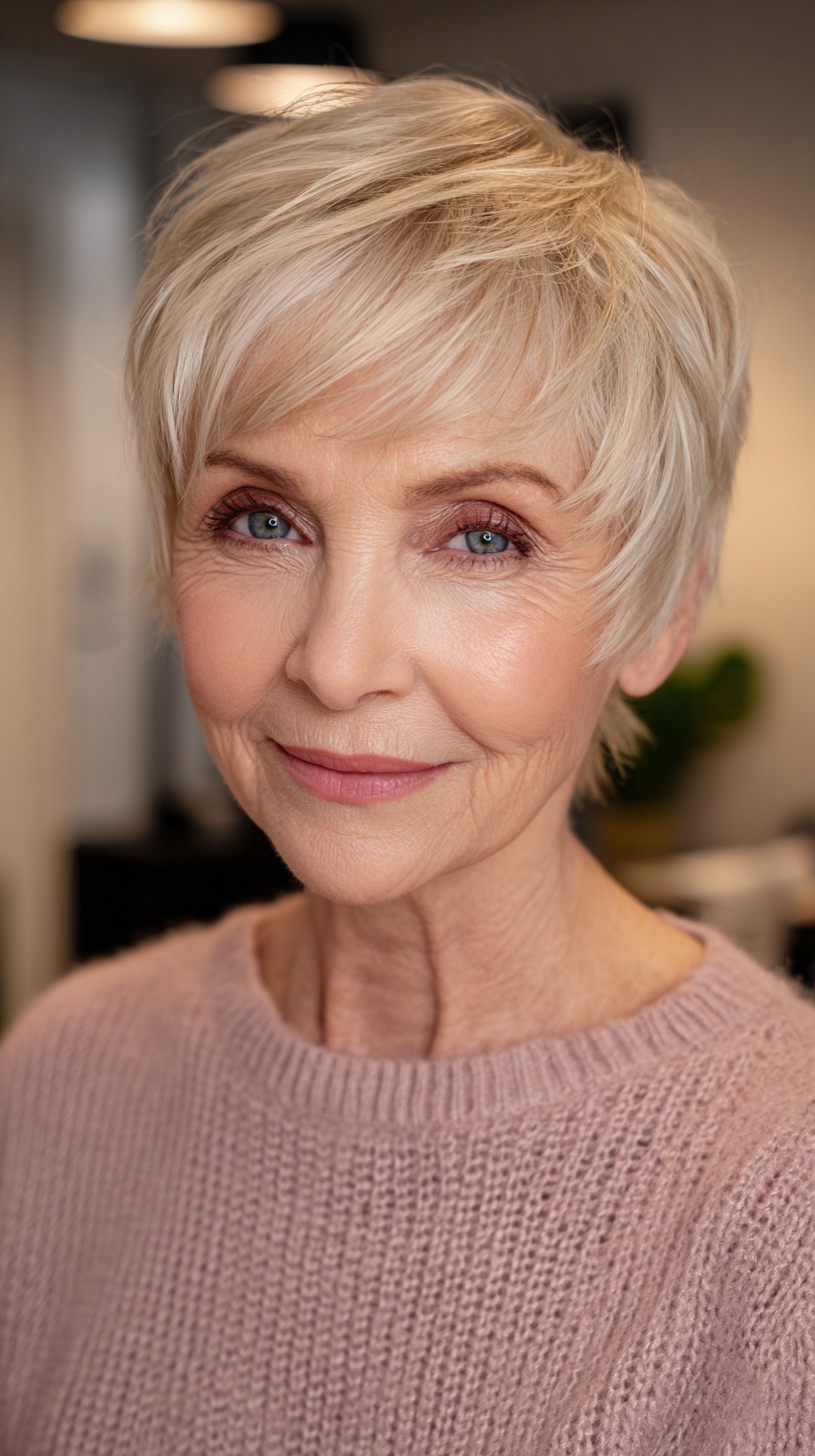 Modern Ash Blonde Soft Pixie with Textured Layers