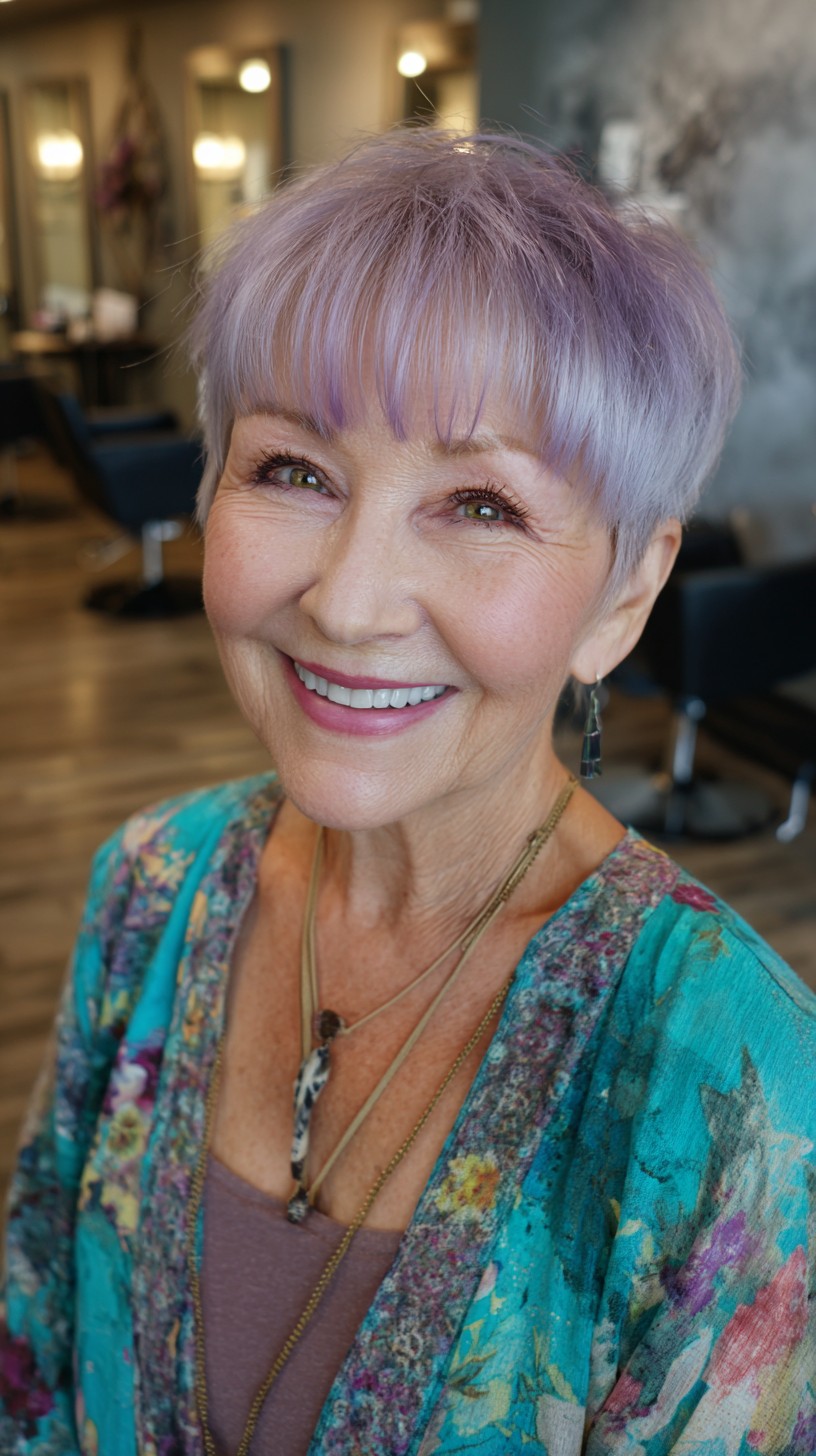 Playful Lilac Textured Pixie for Vibrant Seniors