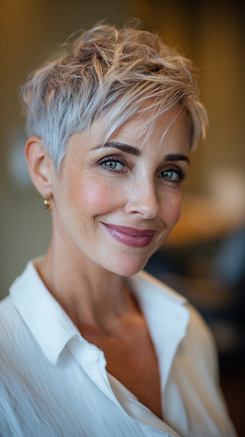 Playful Platinum Textured Pixie with Soft Contouring