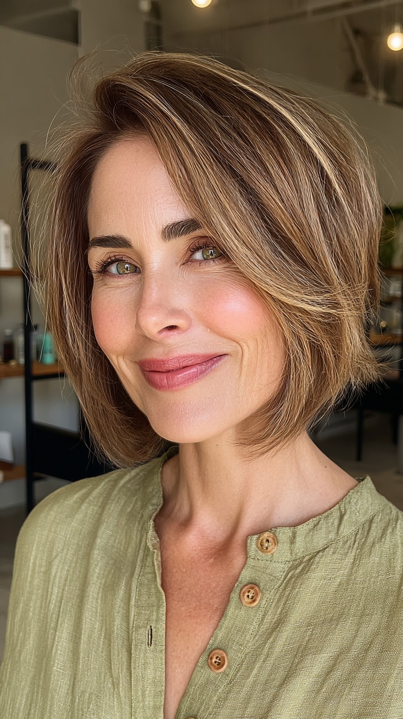 Polished Chestnut-Balayage Bob with Subtle Waves