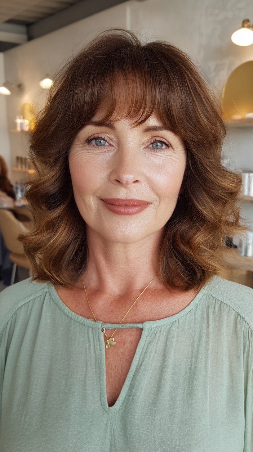 Rich Auburn Waves with Soft Bangs