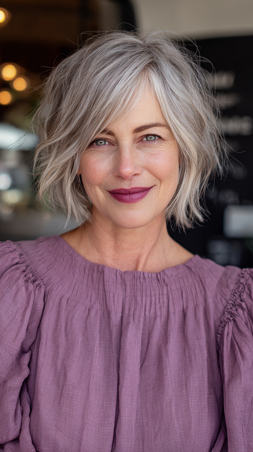 Silver Textured Layered Bob with Soft Waves