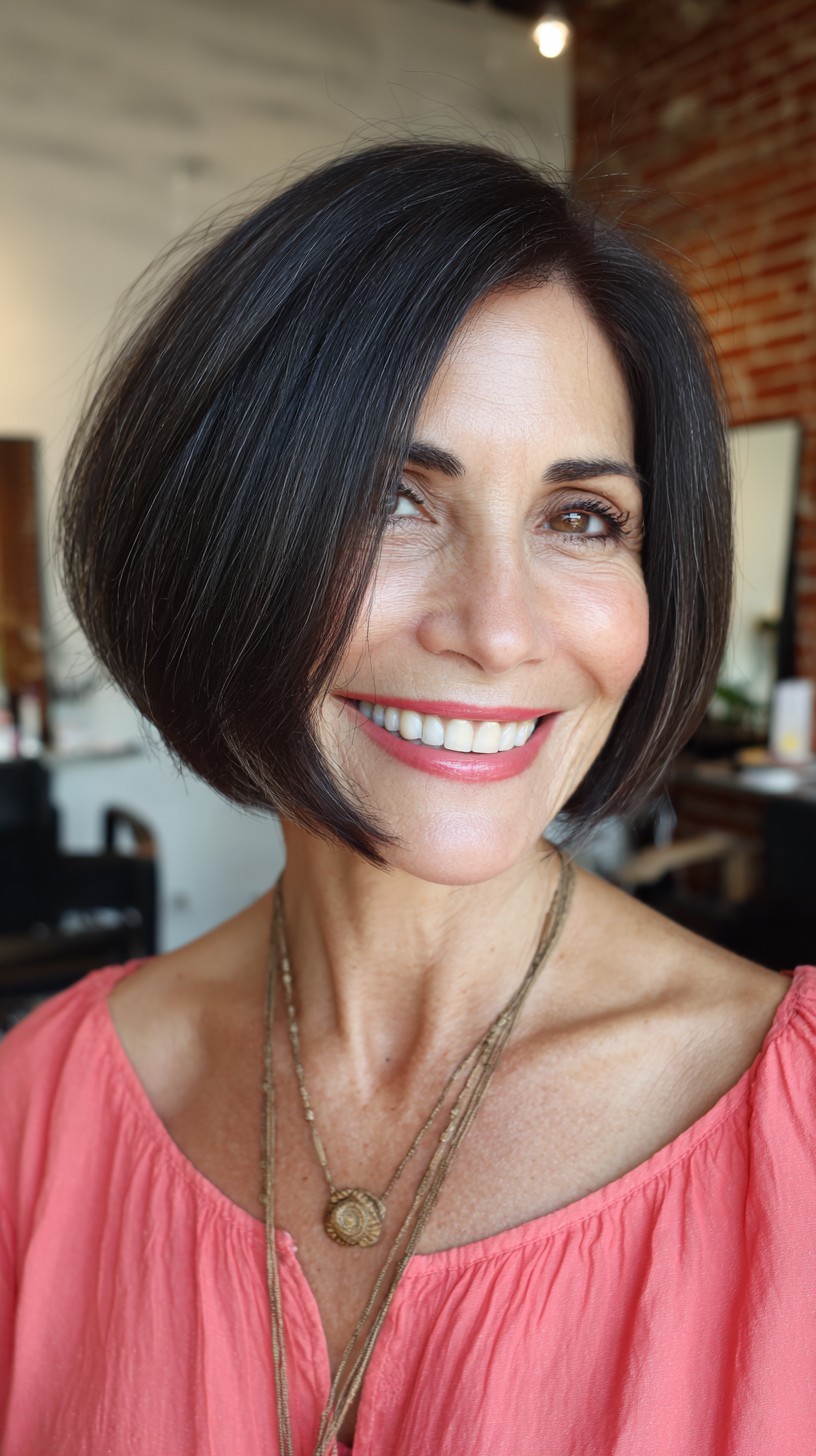 Sleek Black Asymmetrical Bob for Mature Women