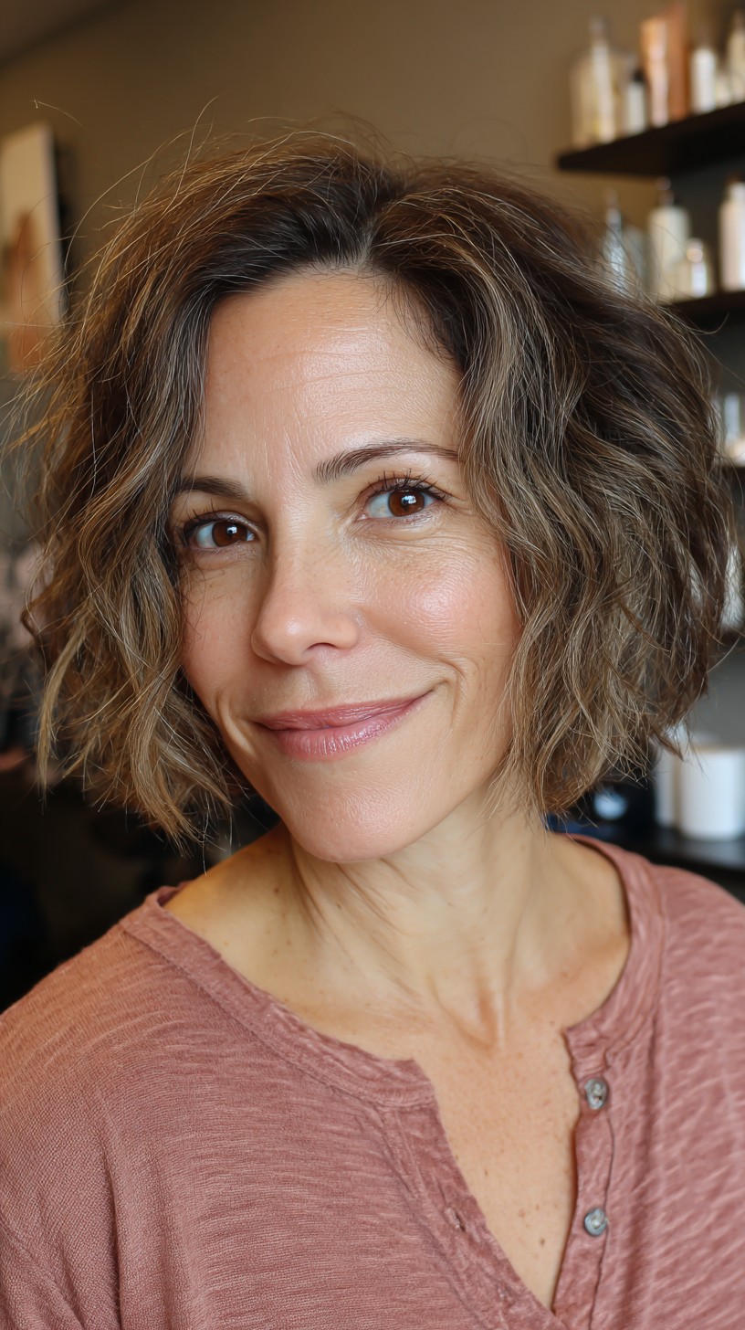Softly Tousled Brunette Waves with Natural Grey Highlights