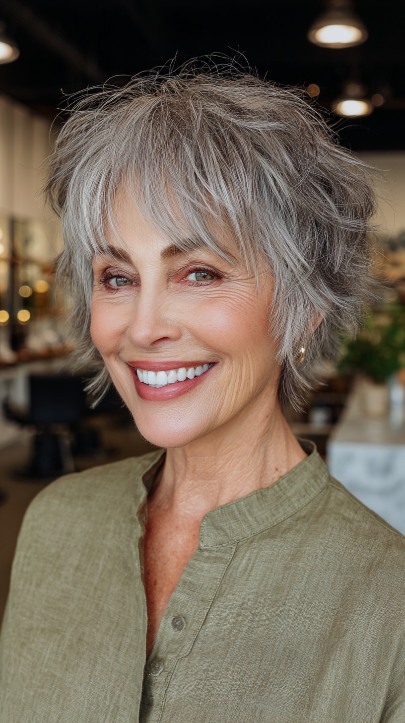 Stylish Salt-and-Pepper Textured Bixie for Women in Their 60s