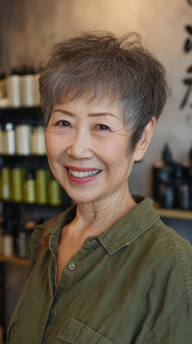 Stylish Salt and Pepper Textured Pixie for Mature Women
