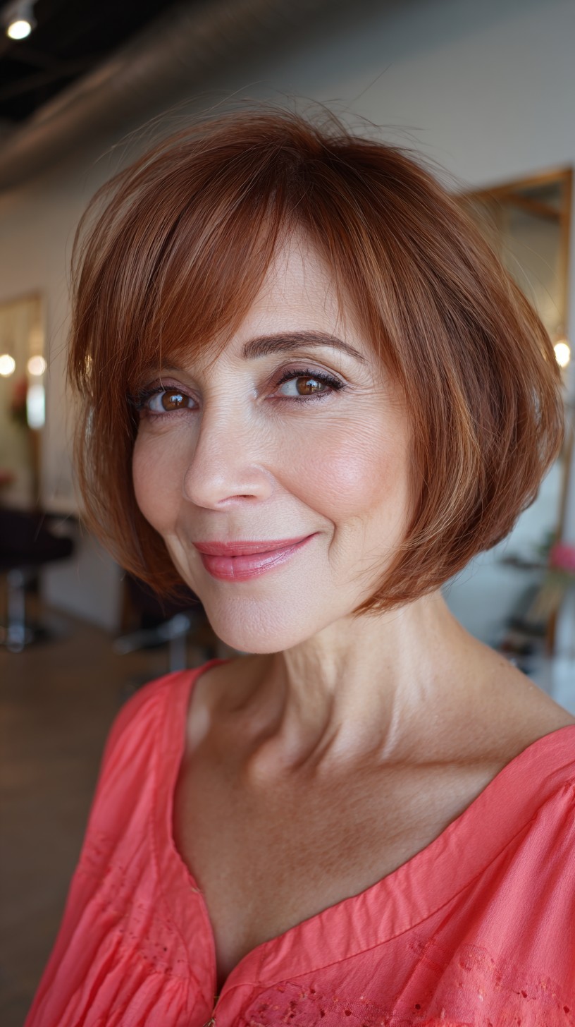 Warm Copper Rounded Bob with Fringe
