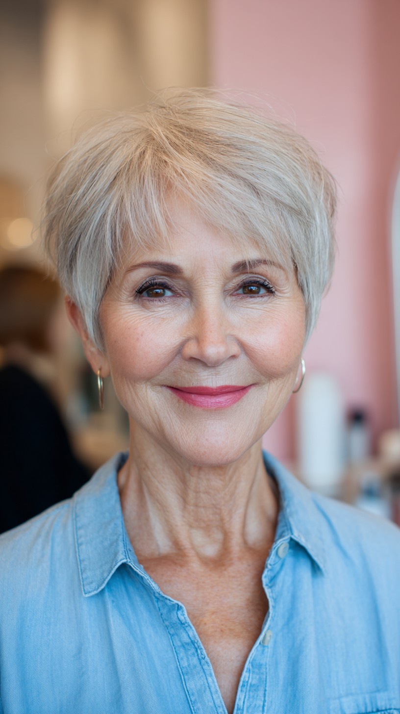 Whispy Silver Layered Pixie for Mature Faces