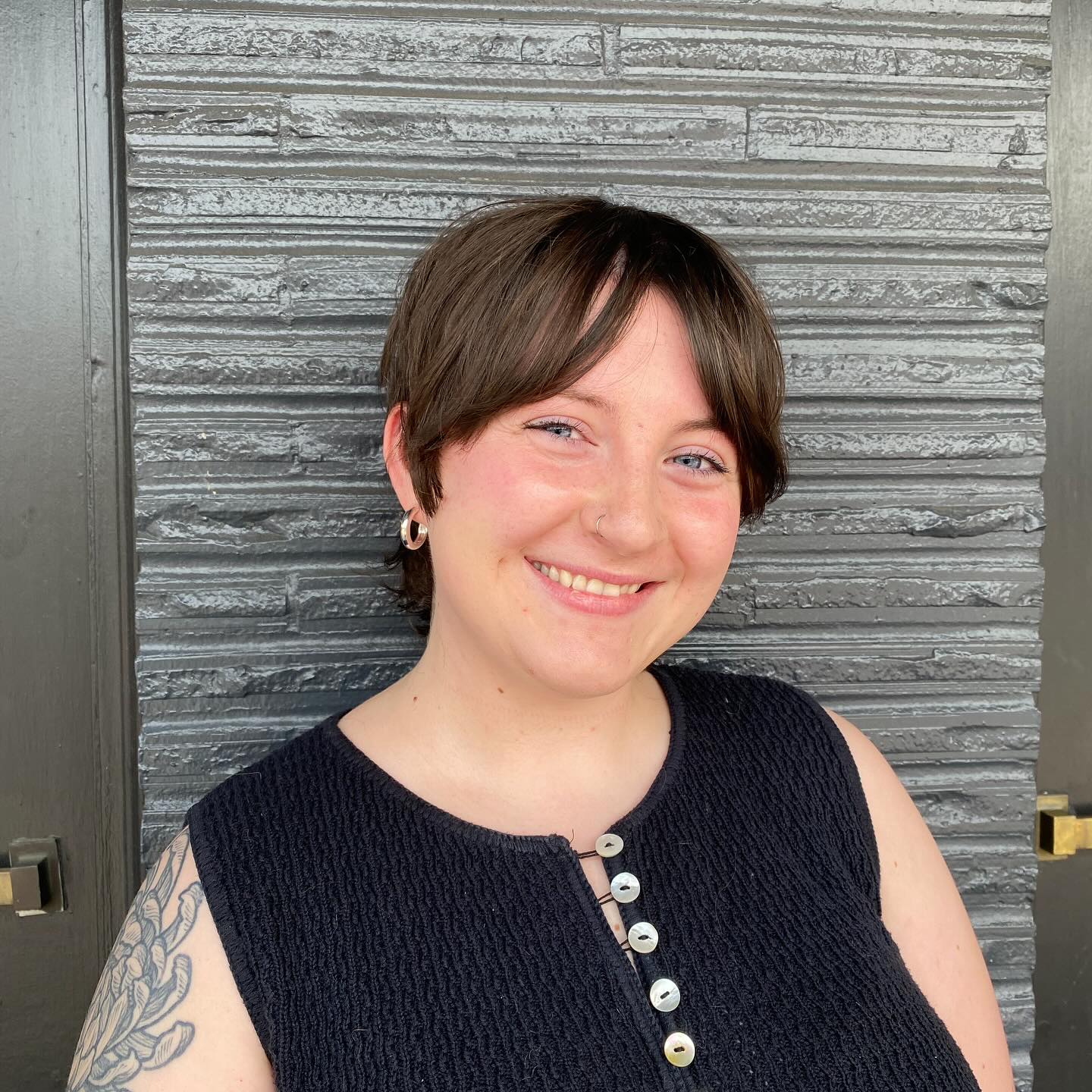 Chic Espresso Toned Pixie with Subtle Bangs