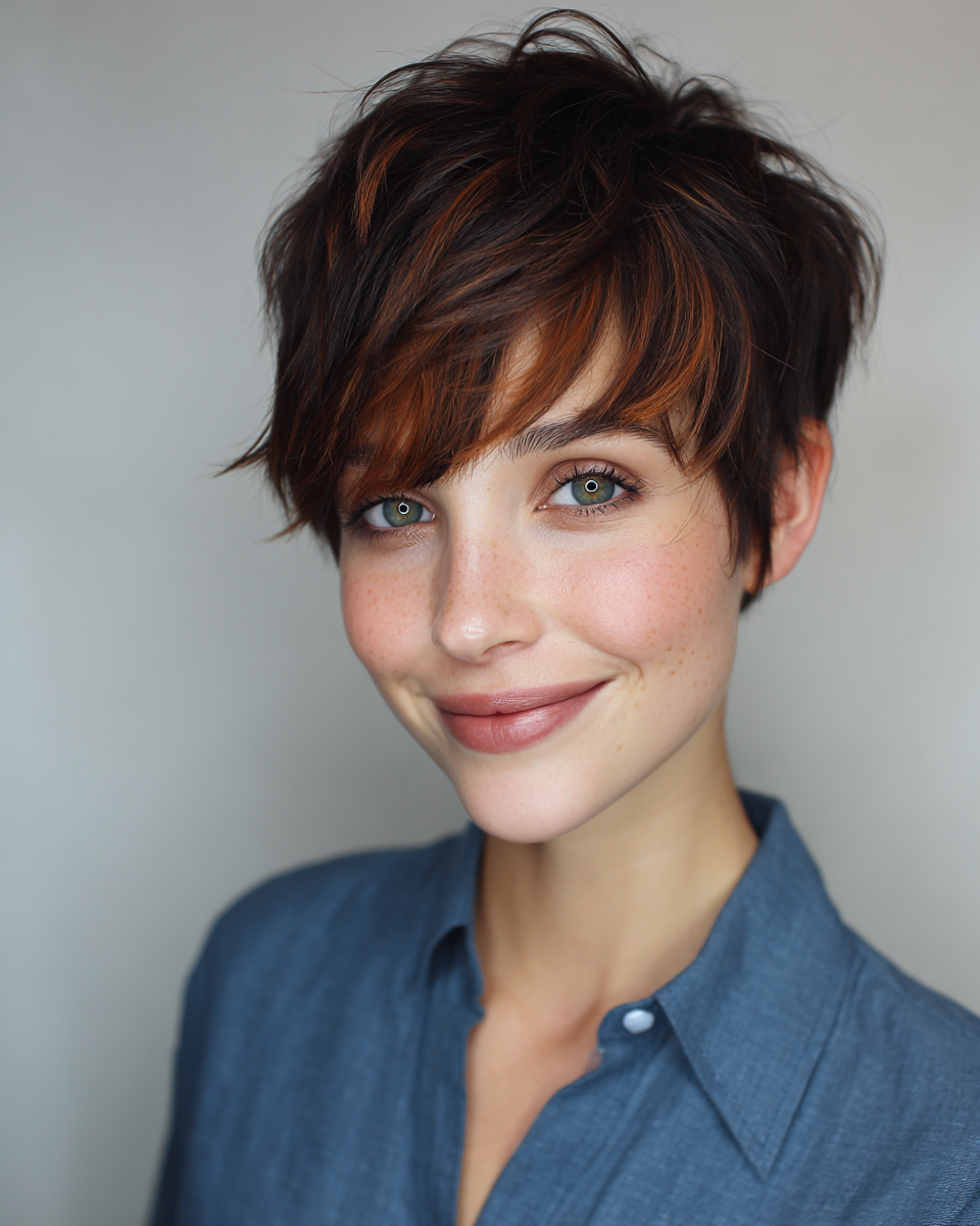 Chic Textured Pixie Cut with Warm Highlights