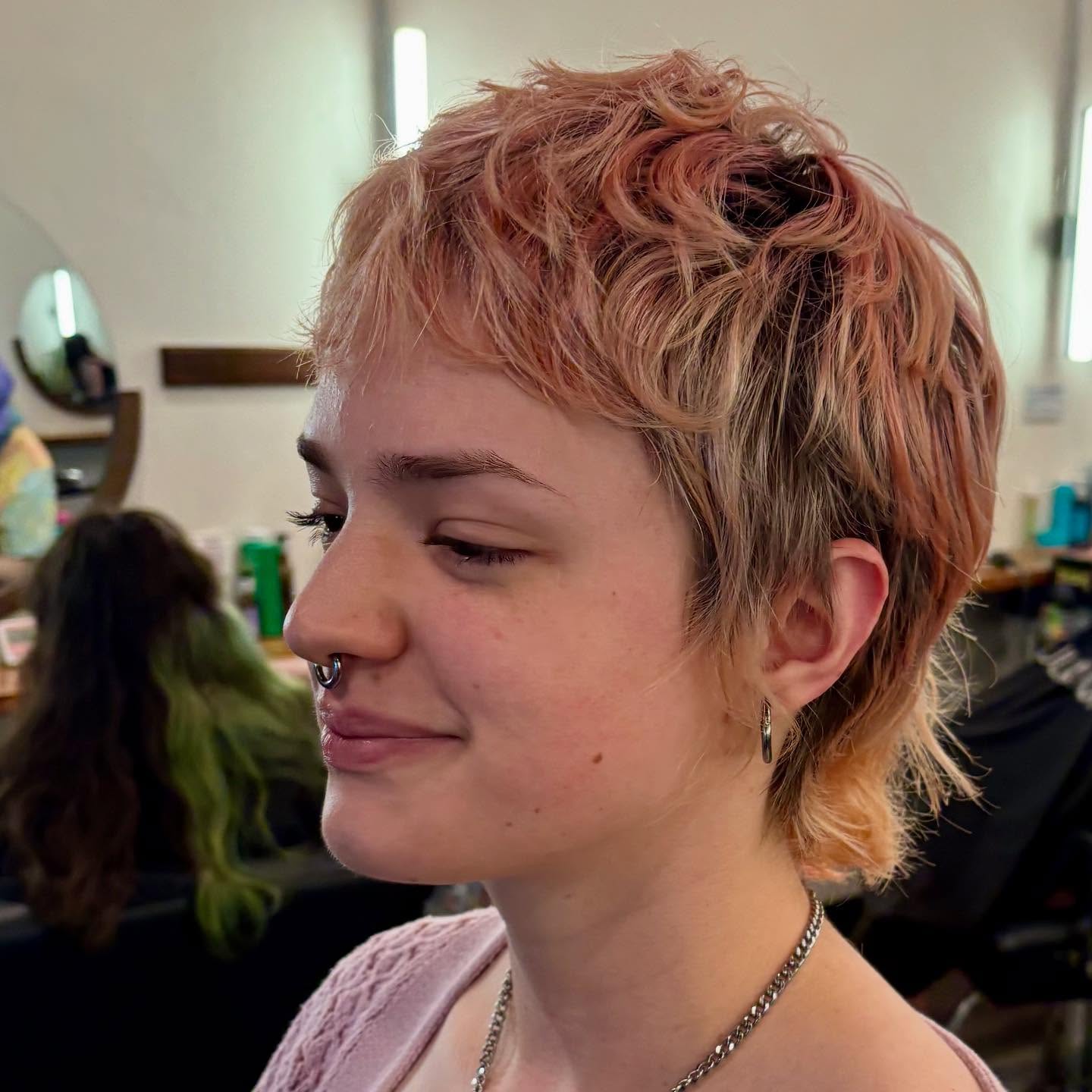 Playful Peach Short Mullet with Textured Waves