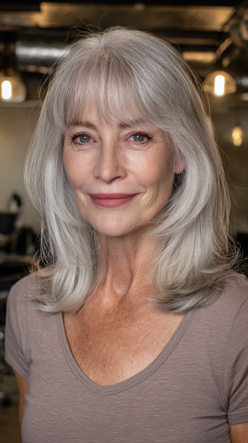 Softly Layered Silver Cut with Face-Framing Bangs