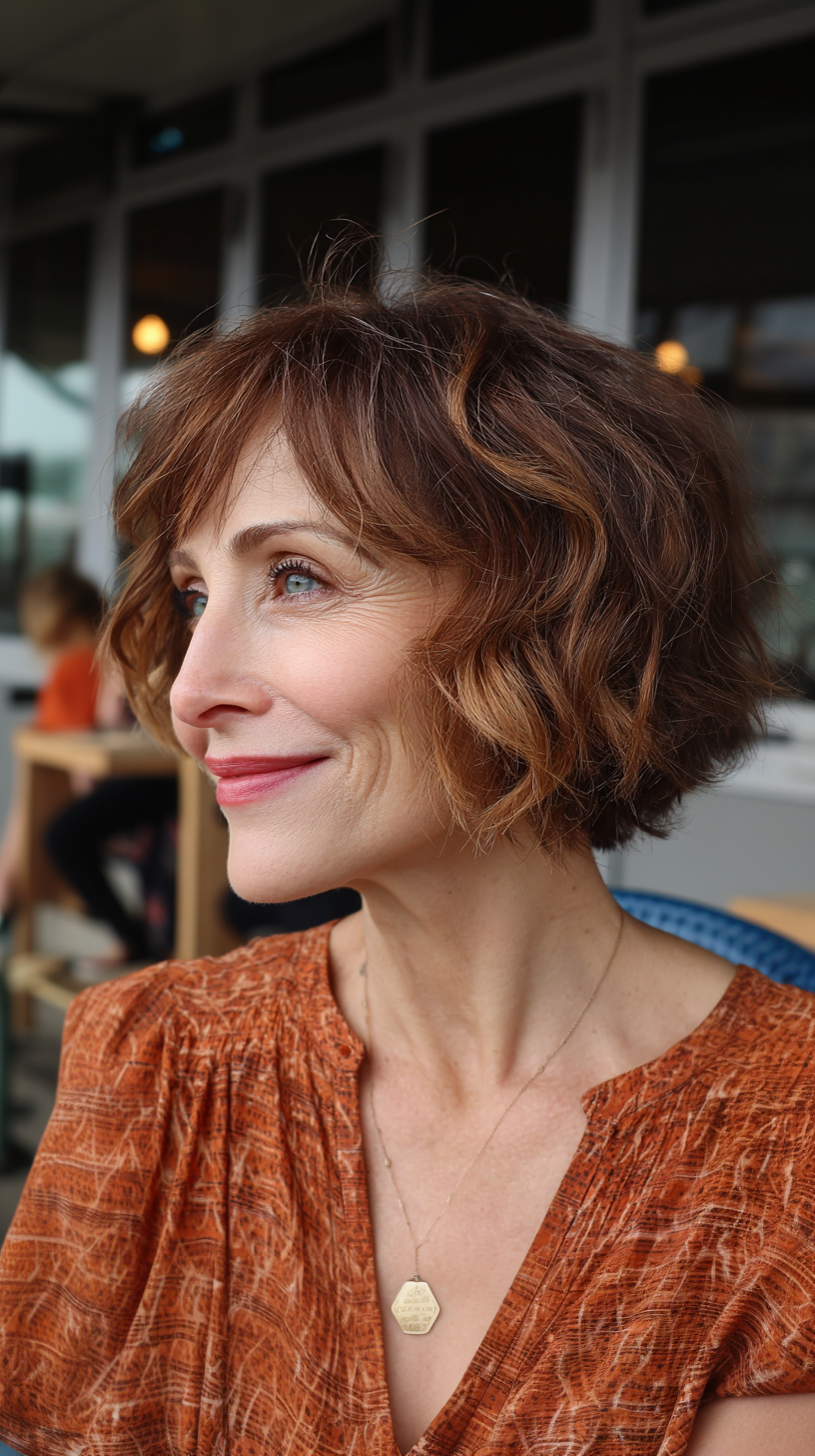 Textured Curly Bob with Warm Highlights