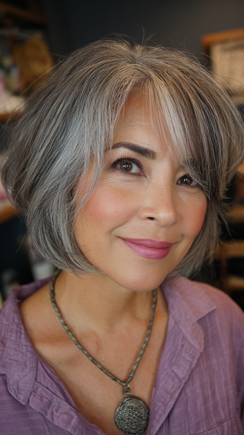 Textured Gray Bob with Subtle Face-Framing Layers
