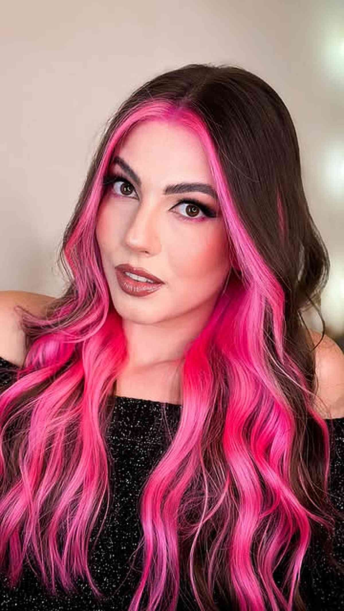 Vibrant Hot Pink Money Piece with Soft Waves
