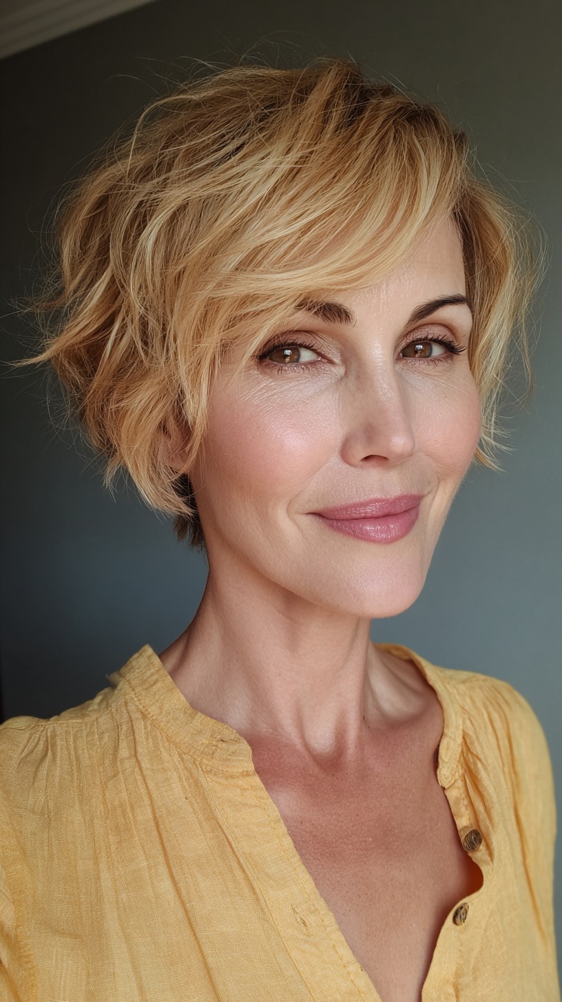 Bright Blonde Textured Pixie with Layered Bangs