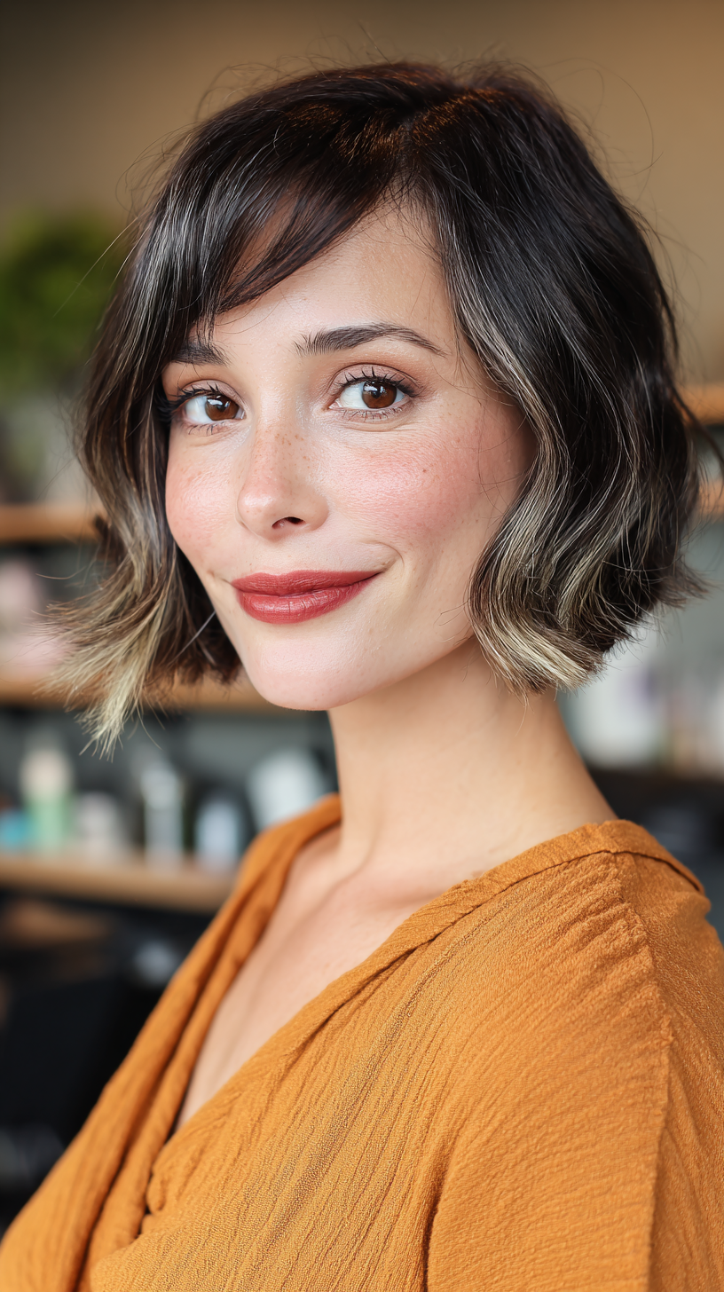 Chic Textured Bob with Subtle Blonde Highlights