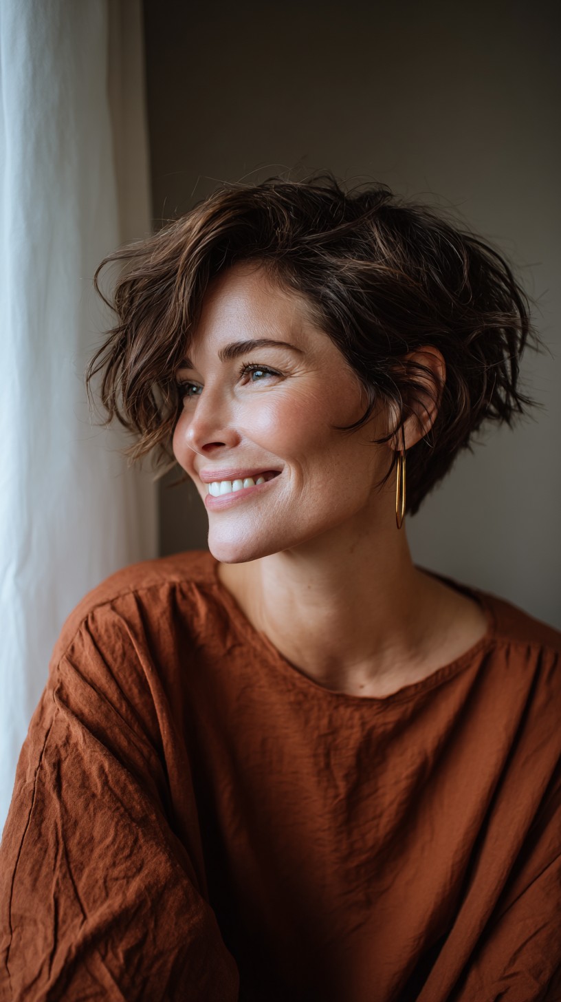 Deep Chocolate Wavy Pixie with Asymmetrical Bangs