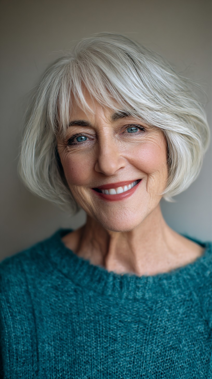 Effervescent Platinum Feathered Bob for Women Over 55