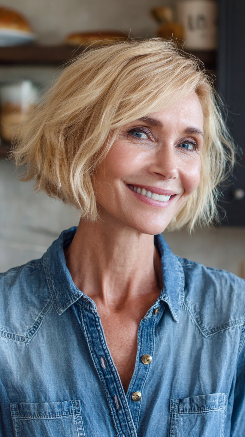 Luminous Golden Blonde Layered Bob for Mature Women
