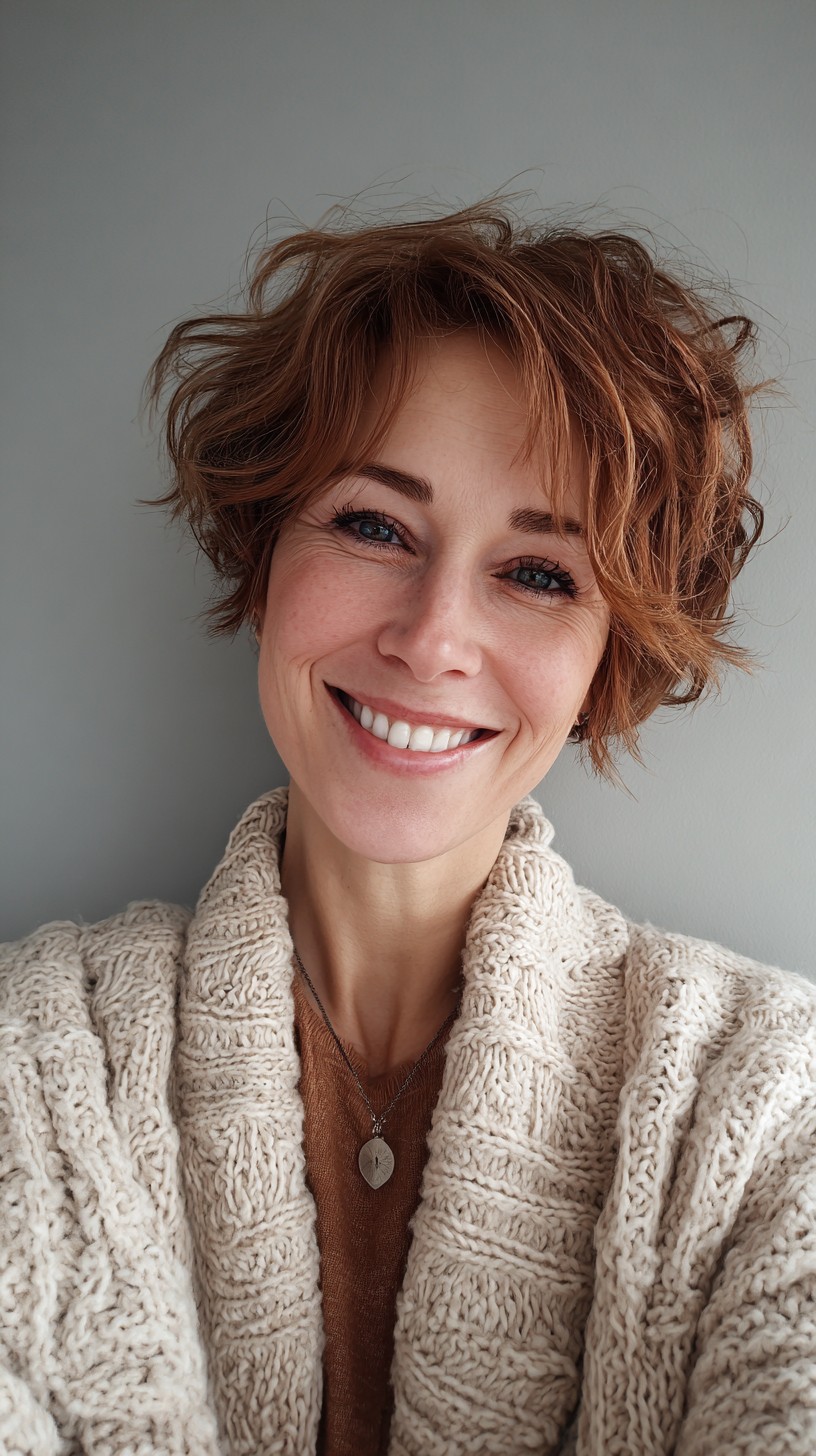 Playful Copper Tousled Pixie with Voluminous Waves