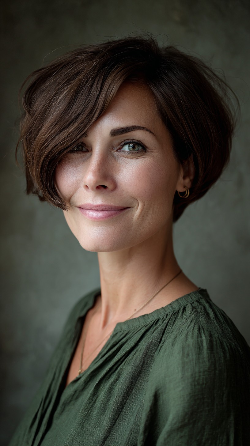 Refined Brunette Wavy Pixie with Subtle Highlights